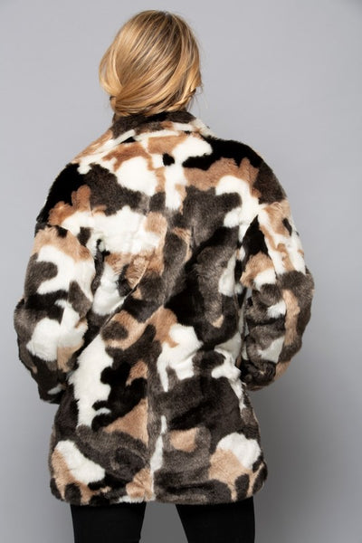 GLOBAL MOOD CAMO MARBLE FAUX FUR COAT