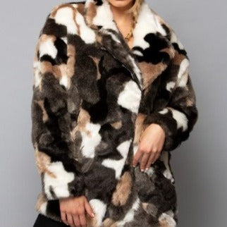 GLOBAL MOOD CAMO MARBLE FAUX FUR COAT